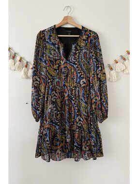 Halogen Paisley Metallic Tiered Babydoll Long Sleeve Mini Dress Boho Indie M